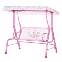 Outsunny 2-Seat Kids Porch Swing Chair, Children Outdoor Patio Furniture Lounge Chair for Garden, with Adjustable Canopy, Seat Belt, Mermaid Pattern, for 3-6 Years Old, Pink(m-11)