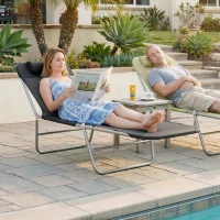 Outsunny Folding Chaise Lounge Pool Chairs, Outdoor Sun Tanning Chairs with Pillow, Reclining Back, Steel Frame & Breathable Mesh for Beach, Yard, Patio, Black(m-2)