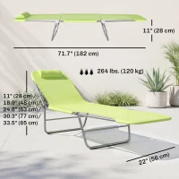 Outsunny Outdoor Lounge Chair, Portable Adjustable Reclining Seat Folding Chaise Lounge Patio Camping Beach Tanning Chair Bed with Pillow, Light Green(m-3)