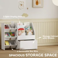 Qaba Kids Bookshelf and Toy Storage, 3-Tier Bookcase with 6 Removable Bins and Box for Toddler Nursery Playroom, White(m-4)