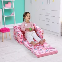 Qaba Kids Fold-Out Couch/Chair Lounger with Princess-Themed Washable Fabric & Removable Cushion for 3-6 Years Old, Pink(m-2)