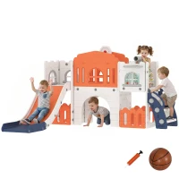 Qaba 9 in 1 Toddler Slide with Basketball Hoop, Climber, Telescope, Tunnel, Steering Wheel, for 1-3 Years, Orange(m-9)