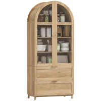 HOMCOM Arched Kitchen Pantry Cabinet, 71" Tall Farmhouse Kitchen Storage Cabinet with 2 Drawers, Acrylic Glass Doors, Oak(m-13)