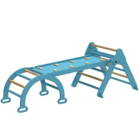 Qaba 7-in-1 Pikler Triangle Set, Foldable Wooden Climbing Toys with Arch, Ramp and Ladder for Toddlers 1-4 Years, Blue(m-2)