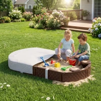 Qaba Kids Sandbox with Cover, 4 Corner Seats, Bottom Liner for Backyard, Garden, Outdoor, 71" x 42" W x 9", Dark Brown(m-8)