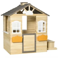 Outsunny Outdoor Playhouse, Wooden Kids Playhouse with Working Door, Windows, Bench, Service Station, Flower Pot Holder, Cottage Play House for 3-7 Years Old Pretend Play, Natural(m-11)