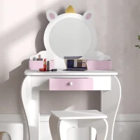 Qaba Kids Makeup Vanity Set with Stool, Mirror, Drawer, Storage Boxes, Unicorn Design, White(m-10)