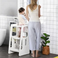 Qaba Toddler Kitchen Helper 2 Step Stool with Adjustable Height Platform and Safety Rail, White(m-1)