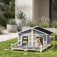 PawHut Dog House Outdoor, Wooden Dog Kennel Weatherproof with Porch, Openable Roof, Removable Bottom, Elevated Floor, Double Room for 2 Small to Medium Breeds, Gray(m-3)