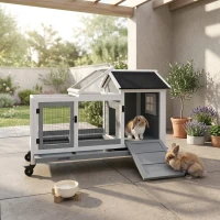 PawHut Wooden Rabbit Hutch with Wheels, Run, Slide-out Tray for Small Animals, Guinea Pig, Blue(m-3)