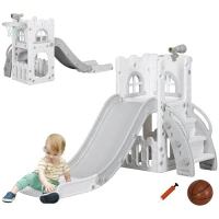 Qaba 5 in 1 Toddler Slide with Basketball Hoop, Climber, Telescope, Storage Basket, for 1-3 Years Kids Indoor Use, Grey(m-9)