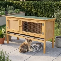 PawHut Wooden Rabbit Hutch Bunny Cage with Openable Waterproof Roof, No Leak Tray Solid Fir Wood Build for Rabbits, Chickens, Ducks, Indoor/Outdoor(m-10)