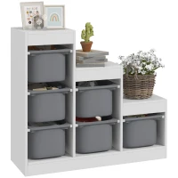 Qaba 3 Layers Toy Storage Organizer Kids Bookshelf Children Toy Storage w/ 6 Plastic Bins, Grey(m-9)