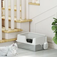 PawHut Stainless Steel Litter Box with High Side, Scoop, Easy Cleaning & Anti-Urine Leakage, for Big Cats, Light Gray(m-8)