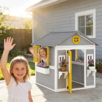 Outsunny Wooden Playhouse for Kids Outdoor with Door, Windows, Planter Pots and Boxes for Toddlers 3-8 Years, Grey(m-8)