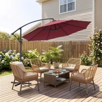 Outsunny 10' Deluxe Patio Umbrella, Outdoor Market Parasol, Banana Hanging Offset Sunshade with Crank, Cross Base, Wine Red(m-10)