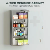 HOMCOM Wall Mount Medicine Cabinet, Bathroom Cabinet with 3 Tier Shelves, Stainless Steel Frame and Glass Door, Lockable with 2 Keys, Silver, 12" x 23.5"(m-7)