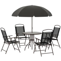 Outsunny 6 Piece Patio Dining Set for 4 with Umbrella, Outdoor Table and Chairs with 4 Folding Dining Chairs & Round Glass Table for Garden, Backyard and Poolside, Black and Coffee(m-1)