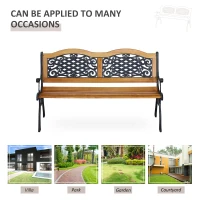 Outsunny 50" Outdoor Garden Bench, Park Patio Bench Loveseat, Wood & Metal Frame with Plastic Flourish Backrest, Natural Wood(m-6)