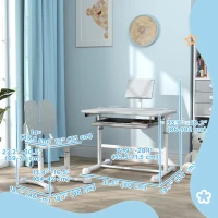 Qaba Height Adjustable Kids Desk and Chair Set with Tilt Desktop, Large Writing Board, Storage Drawer, Book Stand, Grey(m-3)