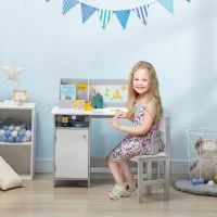 Qaba 2Pcs Kids Desk and Chair Set with Whiteboard, Storage, Shelves, Grey(m-1)