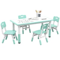 Qaba 5 Pieces Kids Table and Chairs, Height Adjustable Toddler Table and Chair Set with Storage, Easy to Wipe, Rectangular Table 4 Chairs for Classroom, for Daycare Classroom, 18 Months-5 Years, Green(m-1)