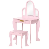 Qaba Kids Dressing Table and Chair Set, Girls Dressing Set, Makeup Desk with Drawer for 3-6 Years Old Kids, Pink(m-11)