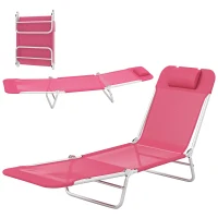 Outsunny Folding Lounge Chair, Portable Tanning Chair with Adjustable Backrest, Pillow for Beach Poolside Patio, Pink(m-2)