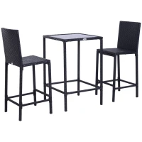 Outsunny 3 PCS Rattan Bar Set with Glass Top Table, 2 Bar Stools for Outdoor, Patio, Garden, Poolside, Backyard(m-11)