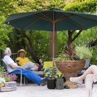 Outsunny 10FT Round Patio Umbrella with Rope Pulley Mechanism, Wooden Market Umbrella, Garden Parasol with 8 Ribs, Dark Green(m-1)