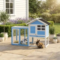 PawHut 49" Wooden Rabbit Hutch Bunny Cage with Waterproof Asphalt Roof, Fun Outdoor Run, Removable Tray and Ramp, for Rabbits, Chickens, Ducks, Light Blue(m-2)