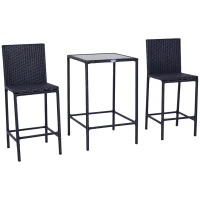 Outsunny 3 PCS Rattan Bar Set with Glass Top Table, 2 Bar Stools for Outdoor, Patio, Garden, Poolside, Backyard(m-1)