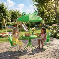 Outsunny Kids Folding Picnic Table and Chair Set Pattern Outdoor Garden Patio Backyard with Removable & Height Adjustable Sun Umbrella Green(m-8)