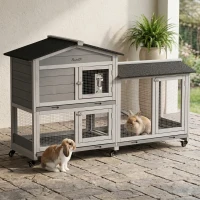 PawHut 62" Wooden Mobile Rabbit Hutch with Wheels, Run Box, Slide-out Tray, Ramp(m-2)