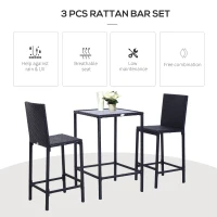 Outsunny 3 PCS Rattan Bar Set with Glass Top Table, 2 Bar Stools for Outdoor, Patio, Garden, Poolside, Backyard(m-4)