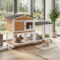 PawHut 62" Wooden Mobile Rabbit Hutch with Wheels, Run Box, Slide-out Tray, Ramp, Yellow(m-10)
