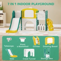 Qaba 7 in 1 Toddler Slide with Basketball Hoop, Climbing Frame, Telescope, Drawing Board, Storage Box for Ages 1-3, Yellow(m-4)