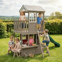 Qaba Two-Story Outdoor Playhouse, Wooden Kids Playhouse with Slide, Bench, BBQ Play Kitchen, Ladder, Lookout Platform, Clock(m-8)