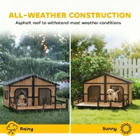 PawHut Dog House Outdoor, Wooden Dog Kennel Weatherproof with Porch, Openable Roof, Removable Bottom, Elevated Floor, Double Room for 2 Small to Medium Breeds, Natural(m-5)