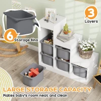 Qaba 3 Layers Toy Storage Organizer Kids Bookshelf Children Toy Storage w/ 6 Plastic Bins, Grey(m-4)