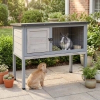 PawHut Elevated Rabbit Hutch, Wooden Bunny Cage with Hinged Asphalt Roof and Removable Tray, for Indoor/Outdoor, Gray(m-2)