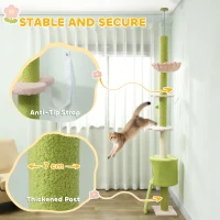 PawHut 87"-94.5" Floor to Ceiling Cat Tree with Sisal Scratching Post, Condo, Hammock, Ramp, Perches, Green(m-7)
