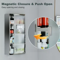 HOMCOM Wall Mount Medicine Cabinet, Bathroom Cabinet with 3 Tier Shelves, Stainless Steel Frame and Glass Door, Lockable with 2 Keys, Silver, 12" x 23.5"(m-4)