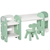 Qaba Kids Table and Chair Set, Activity Desk with Bookshelf & Storage for Study, Activities, Arts, or Crafts, Green and White(m-12)