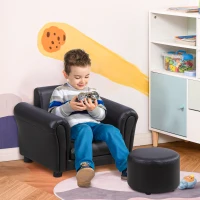 Qaba Kids Sofa Set with Footstool, Upholstered Armchair for Kids 18M+, Baby Sofa for Playroom, Children's Bedroom, Nursery Room, Black(m-2)