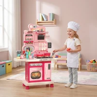 Qaba Kids Kitchen Playset, Play Kitchen with Lights, Sounds, Circulating Water Sink, Storage, 33 PCS for 3-6 Years, Pink(m-10)