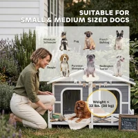 PawHut Dog House Outdoor, Wooden Dog Kennel Weatherproof with Porch, Openable Roof, Removable Bottom, Elevated Floor, Double Room for 2 Small to Medium Breeds, Gray(m-8)