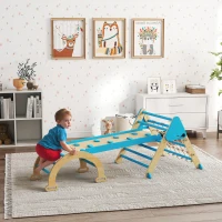 Qaba 8-in-1 Pikler Triangle Set, Foldable Wooden Climbing Toys with Arch, Ramp and Ladder for Ages 18-48 Mouths, Blue(m-1)