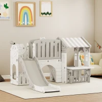 Qaba 7-in-1 Toddler Slide, Kids Slide Climber Playset with Playhouse and Basketball Hoop for 1-4 Years, Grey(m-8)