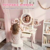 Qaba Kids Vanity Set, Kids Makeup Vanity Table and Chair with Triple Mirrors, 5 Pcs Accessories and Drawer for Girls 3+, Pink(m-6)